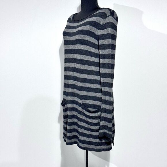 Eileen Fisher Small Black Gray Striped Long Sleeve Cozy Tunic Dress W/Pockets - Picture 2 of 9